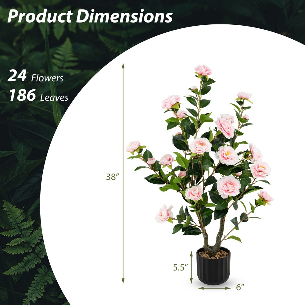 38 in. Artificial Camellia Tree in Cement Pot, Faux Pink Flower Plant for Indoor and Outdoor Decor