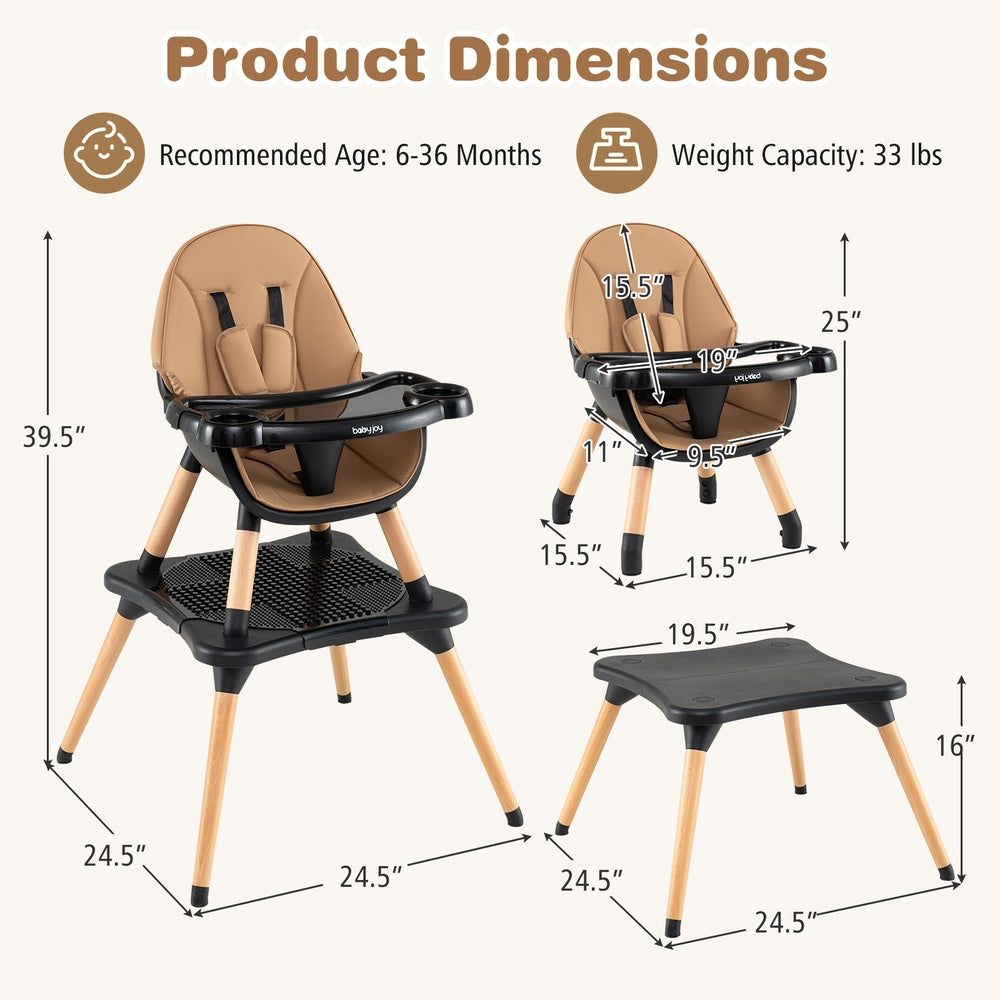 6 in 1 Convertible Baby High Chair 6-36 Months Birch Wood Pyramid 5 Point Harness 4 Stage Tray Dishwasher