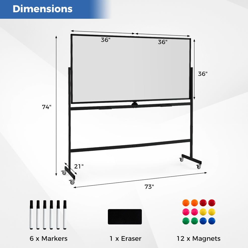 Rolling Double Sided Magnetic Whiteboard on Wheels 72 x 36 in. Aluminum Alloy Frame 4 PU Casters 360 Rotation