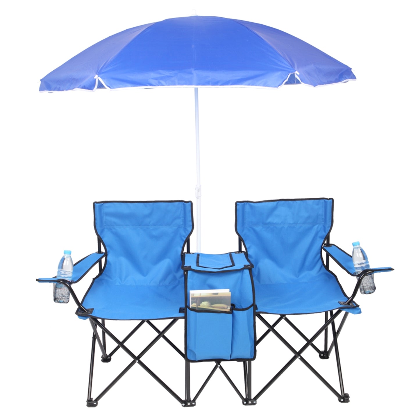 Portable 2-Seat Folding Beach Chair with Removable Sun Umbrella, Blue