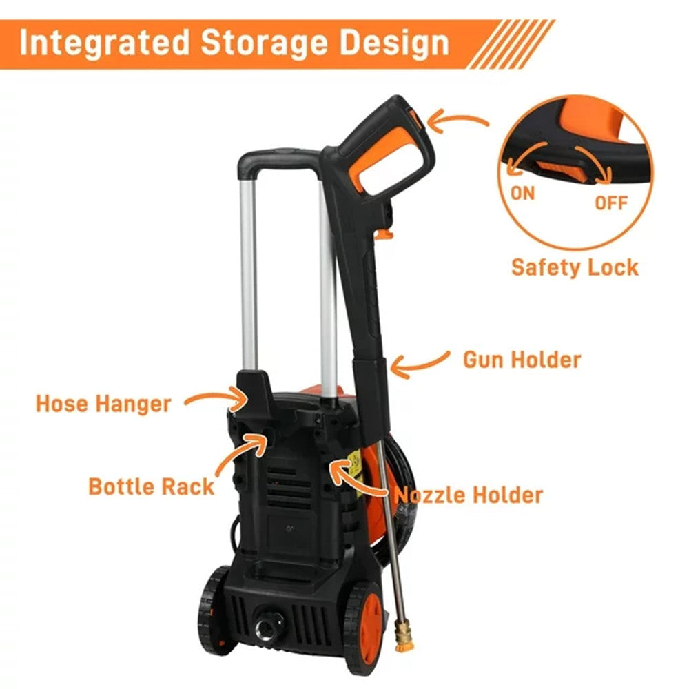 1400W Electric Pressure Washer, 3380 PSI 2 GPM with 4 Nozzles and Soap Bottle, Orange