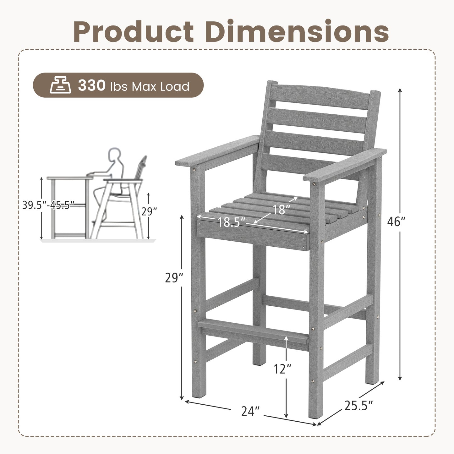 HDPE Adirondack Bar Chair Set of 2 with Wide Armrests Footrest and 105-Degree Backrest