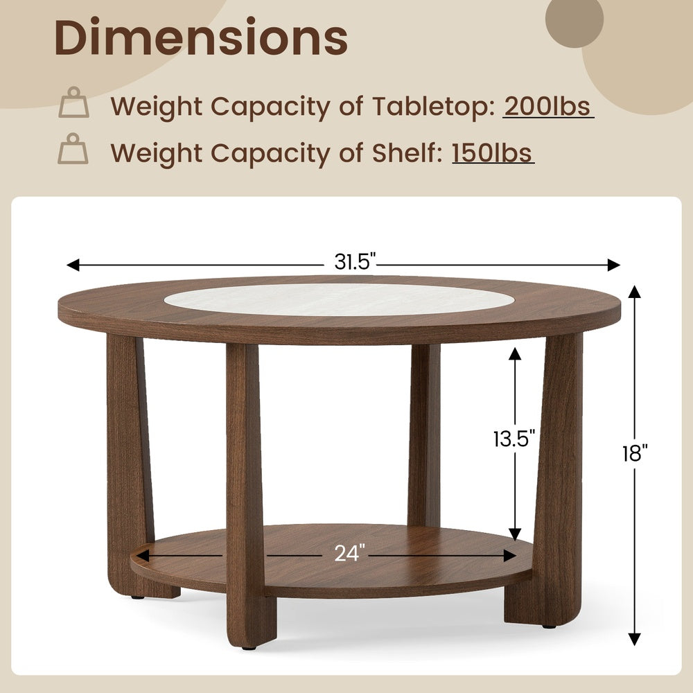 Farmhouse Accent Round Coffee Table with 2-Tone Tabletop and Open Storage Shelf for Living Room-Brown