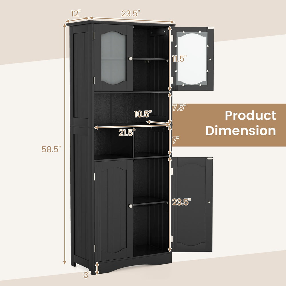 Freestanding Linen Cabinet 58.5 in. with 2 Tempered Frost Glass Doors 3 Open Compartments 23.5 x 12 in.