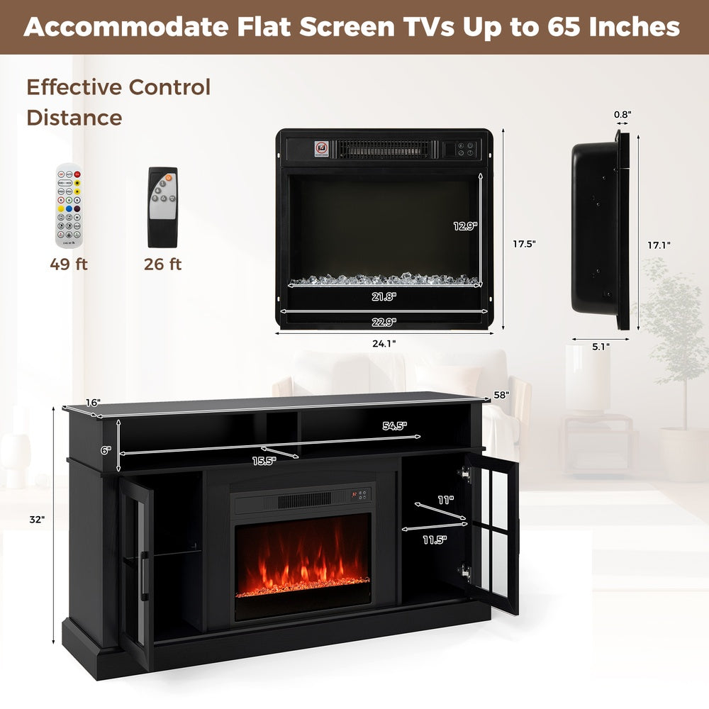 58 in. Fireplace TV Stand with LED Lights with Storage Cabinets and Glass Doors Entertainment Center Media Console-Black