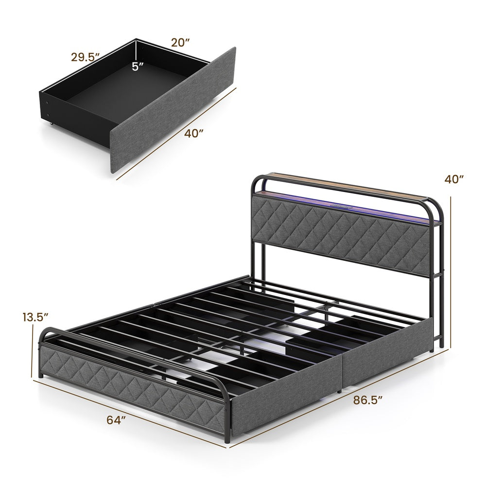 Queen Size Bed Frame with LED Lights and Charging Station-Queen Size