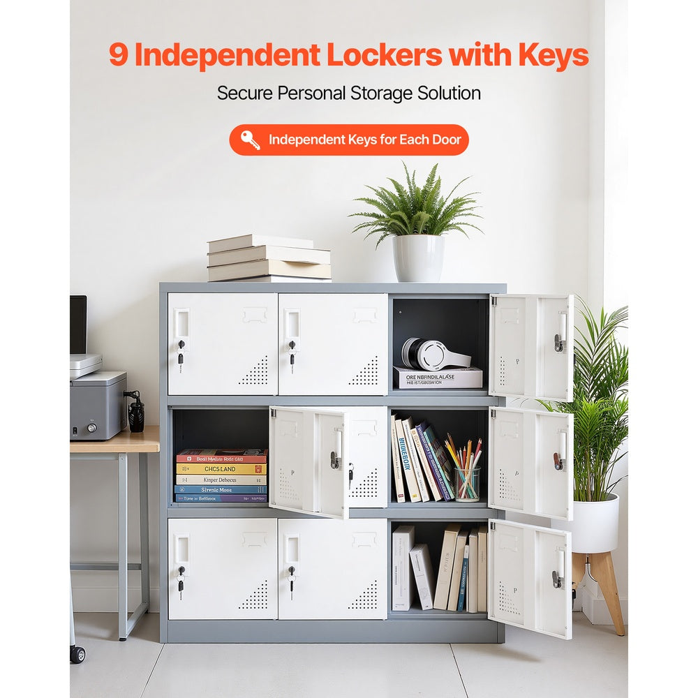 Metal Locker 9 Door 35.4 x 17.7 x 37 in Steel Storage Cabinet 66 lbs/Shelf 593 lbs Total 2 Keys/Door 3 Tier Office Gym