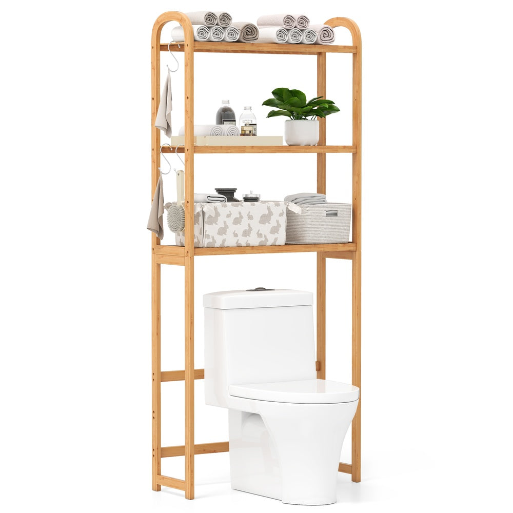 3-Tier Bamboo Over-the-Toilet Storage Rack 5-Position Shelves 44 lb. Per Tier with 3 Hooks
