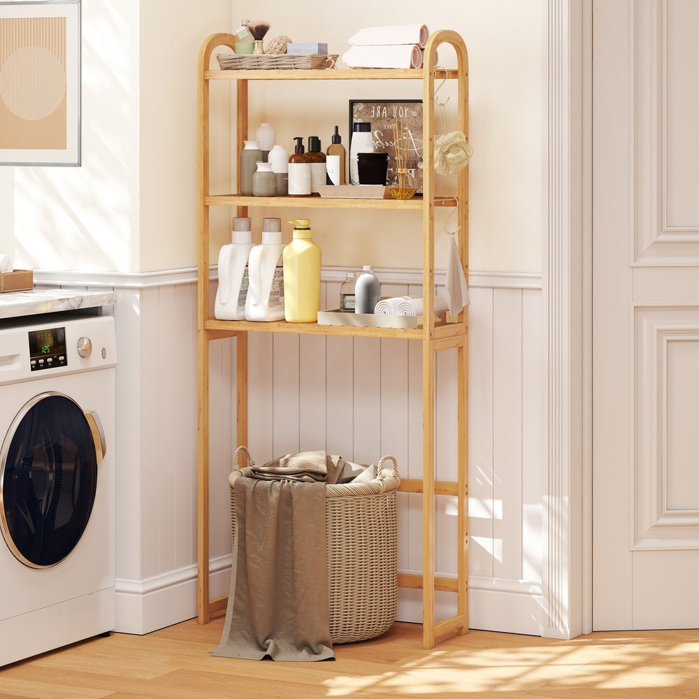 3-Tier Bamboo Over-the-Toilet Storage Rack 5-Position Shelves 44 lb. Per Tier with 3 Hooks