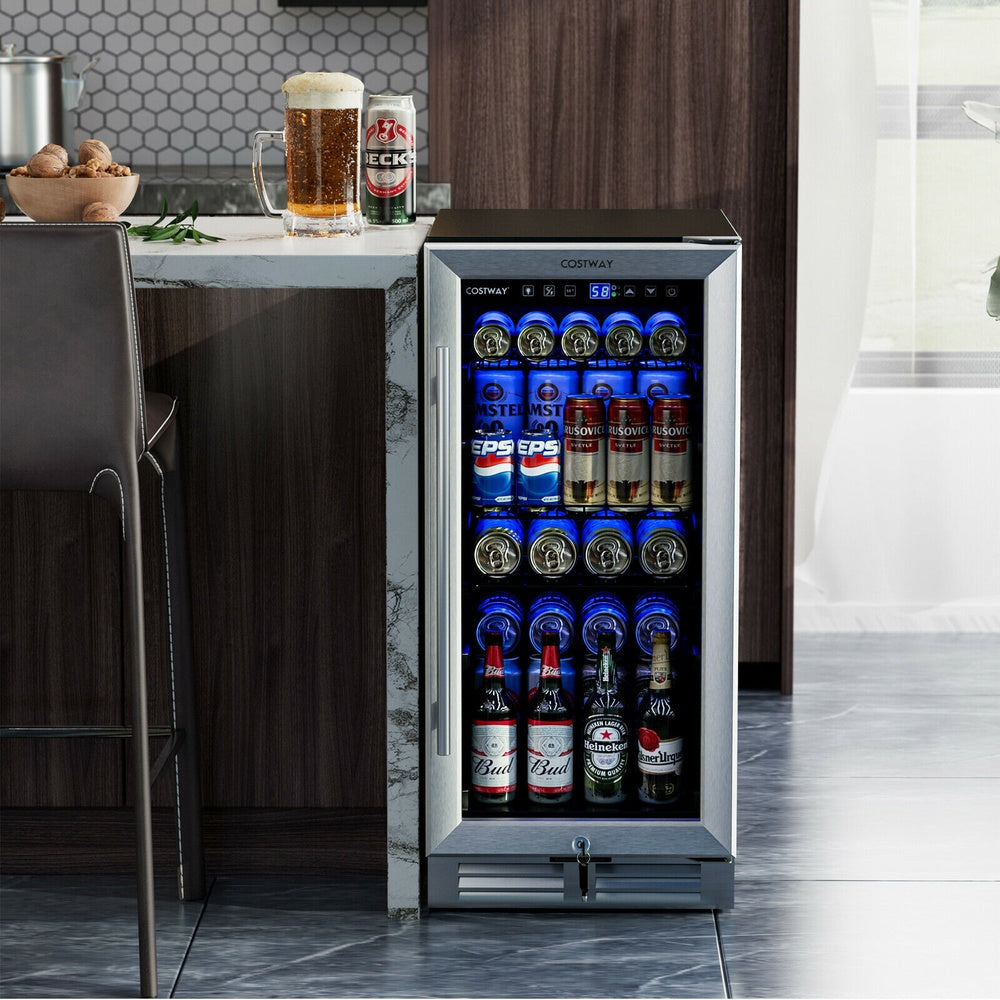 15 in. Built-In Freestanding Beverage Cooler 100 Can 3.5 Cu. Ft. 37 to 64 F Double Glass Door Lock