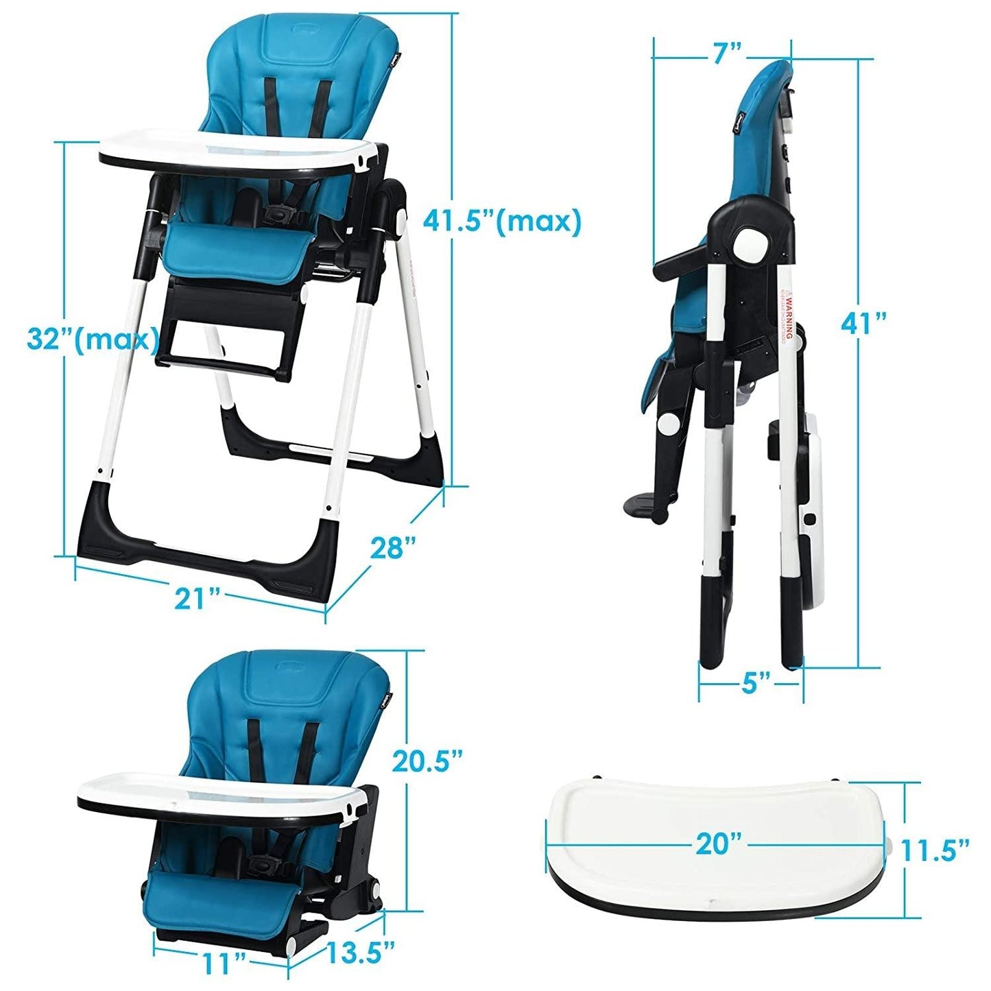 4 in 1 Baby High Chair Booster Seat 7 Heights 5 Backrest Convertible 0-36 Months Pyramid Wheels Dishwasher
