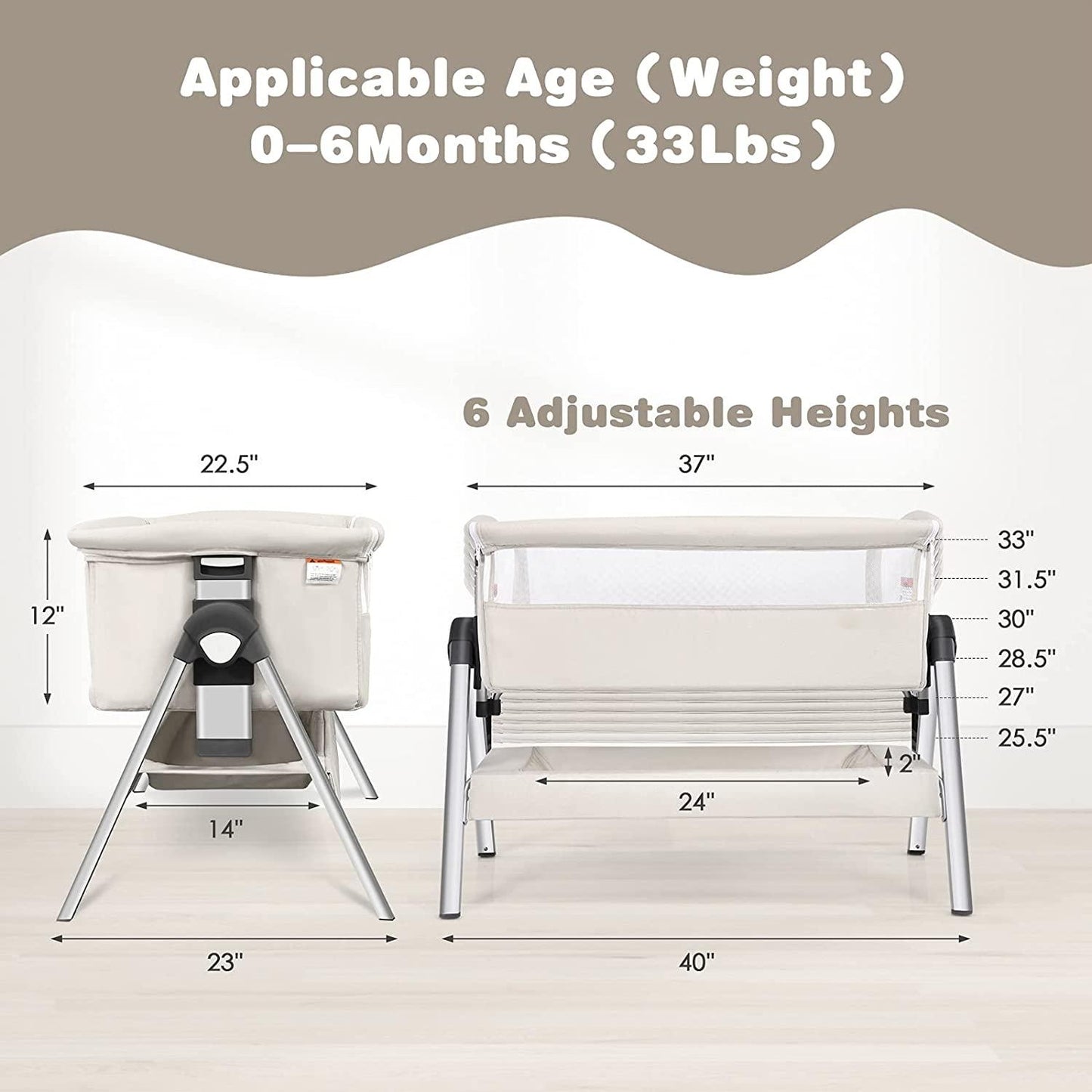 Portable Baby Bedside Sleeper with Adjustable Height and Inclined Angle for Newborns