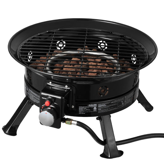 Propane Fire Pit 19 in 53000 BTU Portable Gas Fire Pit Grill Grate Lava Rocks Folding Legs Smokeless Black