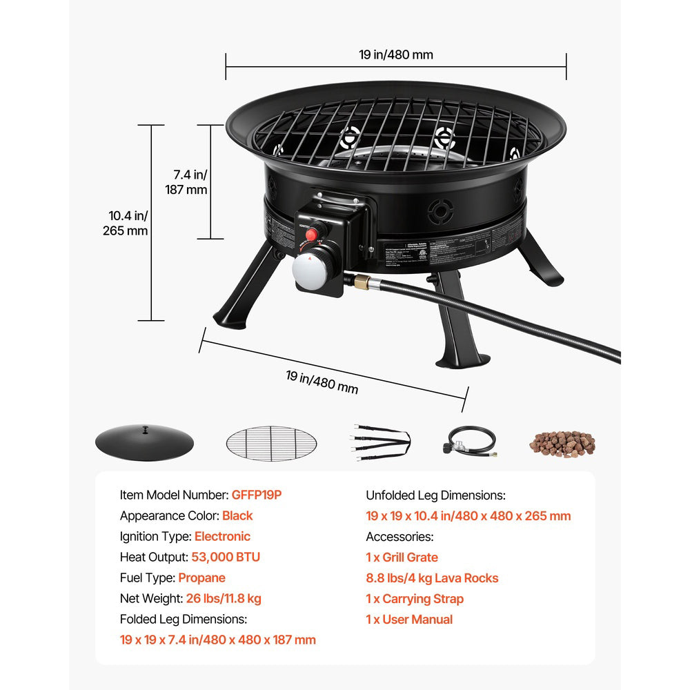 Propane Fire Pit 19 in 53000 BTU Portable Gas Fire Pit Grill Grate Lava Rocks Folding Legs Smokeless Black