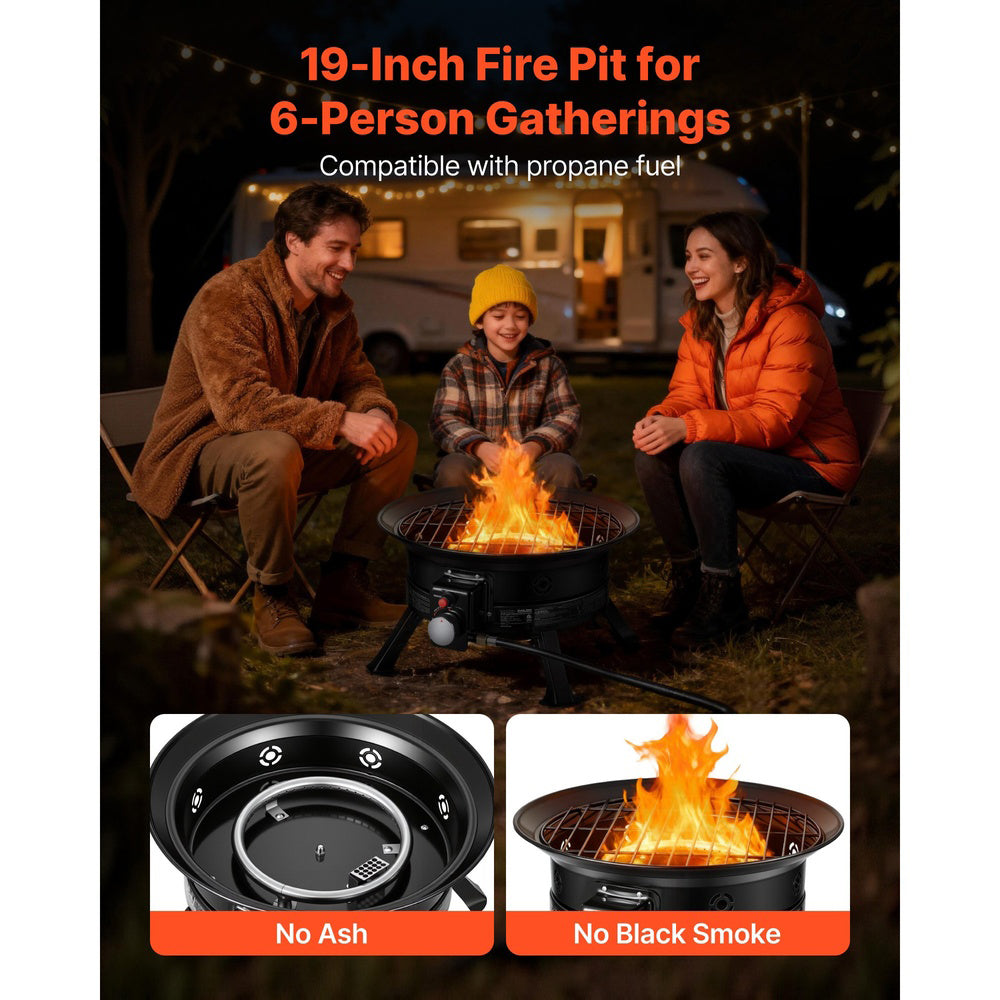 Propane Fire Pit 19 in 53000 BTU Portable Gas Fire Pit Grill Grate Lava Rocks Folding Legs Smokeless Black