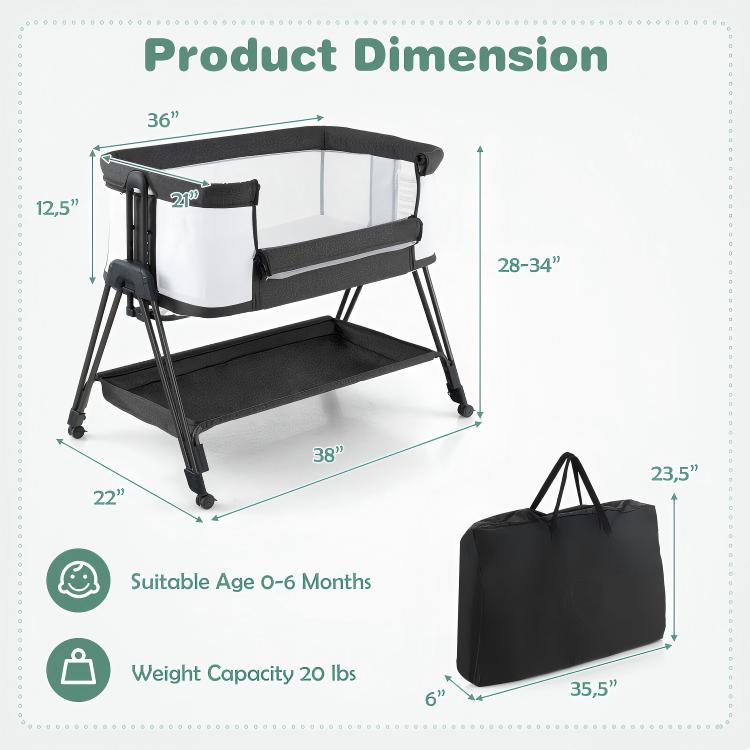 Portable Baby Bedside Sleeper with 7 Adjustable Height Levels for Infant Care, Black