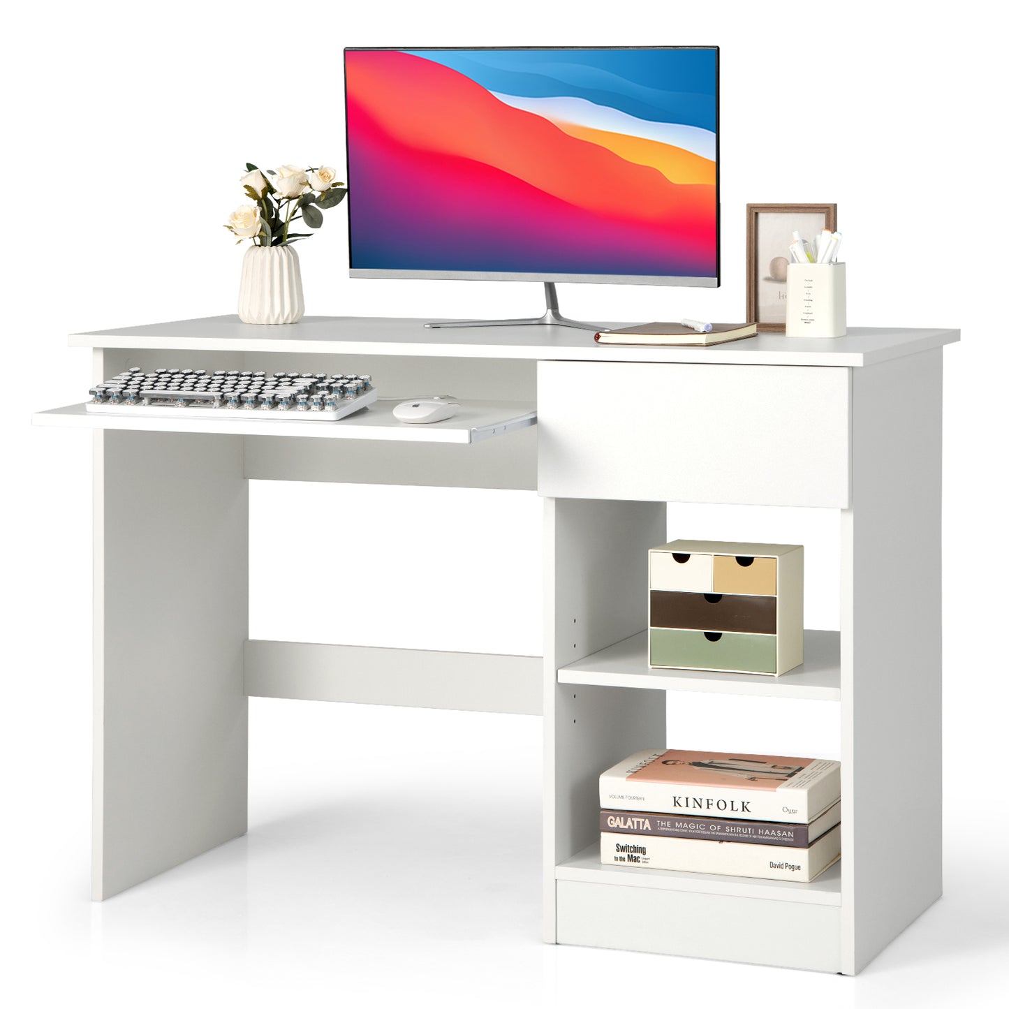 Wooden Computer Desk with CPU Stand Pull Out Keyboard Tray Drawer Adjustable Shelf Cable Hole 210 lb.