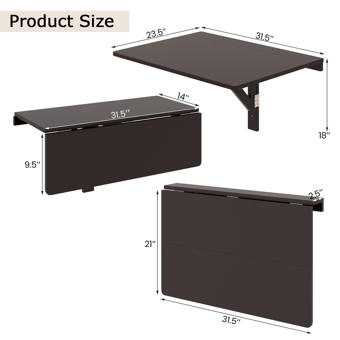 31.5 x 23.5 Inch Wall Mounted Folding Table for Small Spaces-Brown