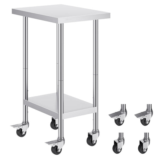 Stainless Steel Work Table with Casters and Adjustable Undershelf, 24 in. x 18 in. x 38 in., for Home Kitchens