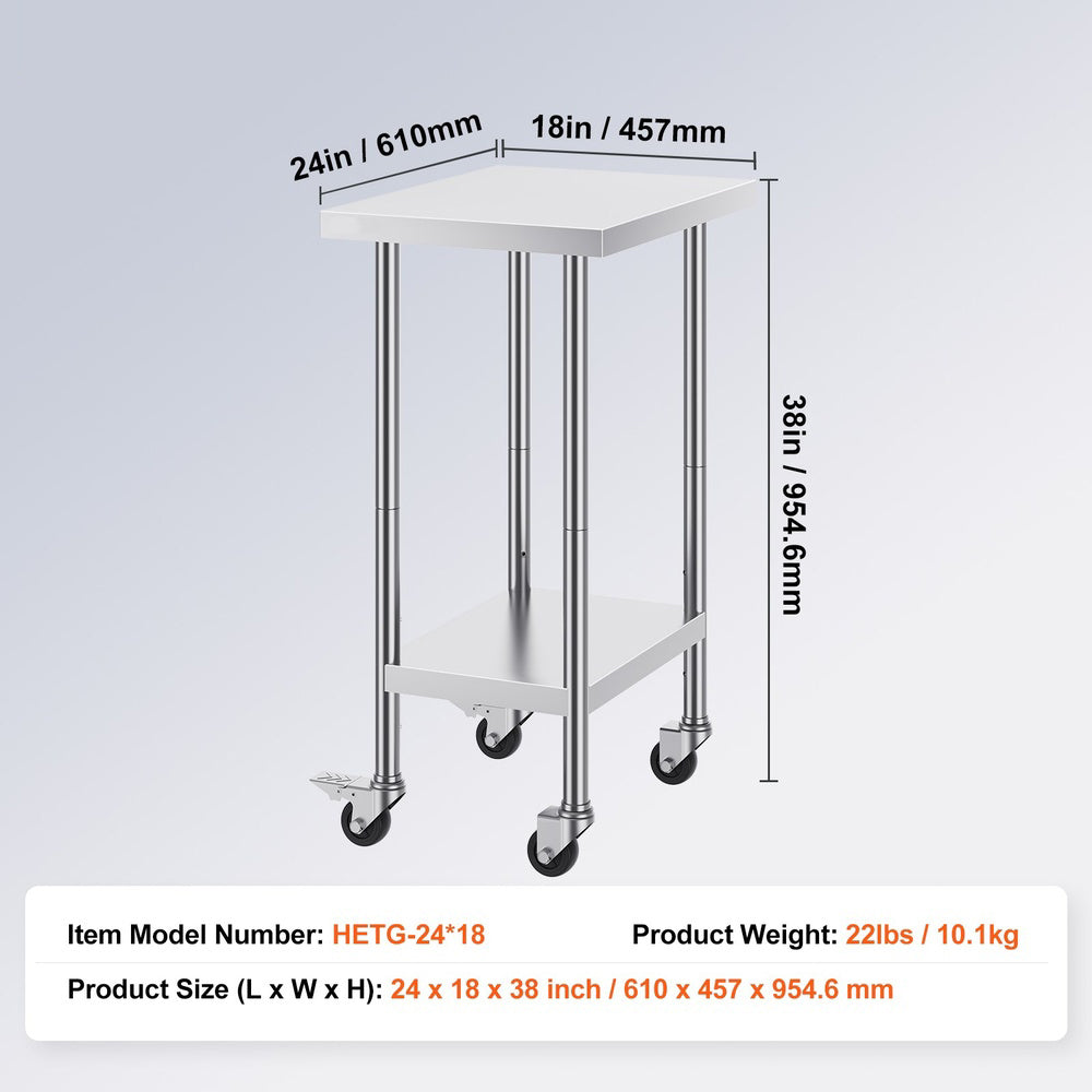 Stainless Steel Work Table with Casters and Adjustable Undershelf, 24 in. x 18 in. x 38 in., for Home Kitchens
