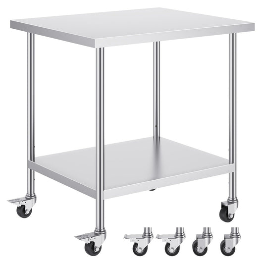 Stainless Steel Work Table with Casters and Adjustable Undershelf, 30 in. x 18 in. x 38 in., for Home Kitchens