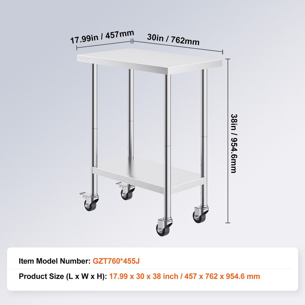 Stainless Steel Work Table with Casters and Adjustable Undershelf, 30 in. x 18 in. x 38 in., for Home Kitchens