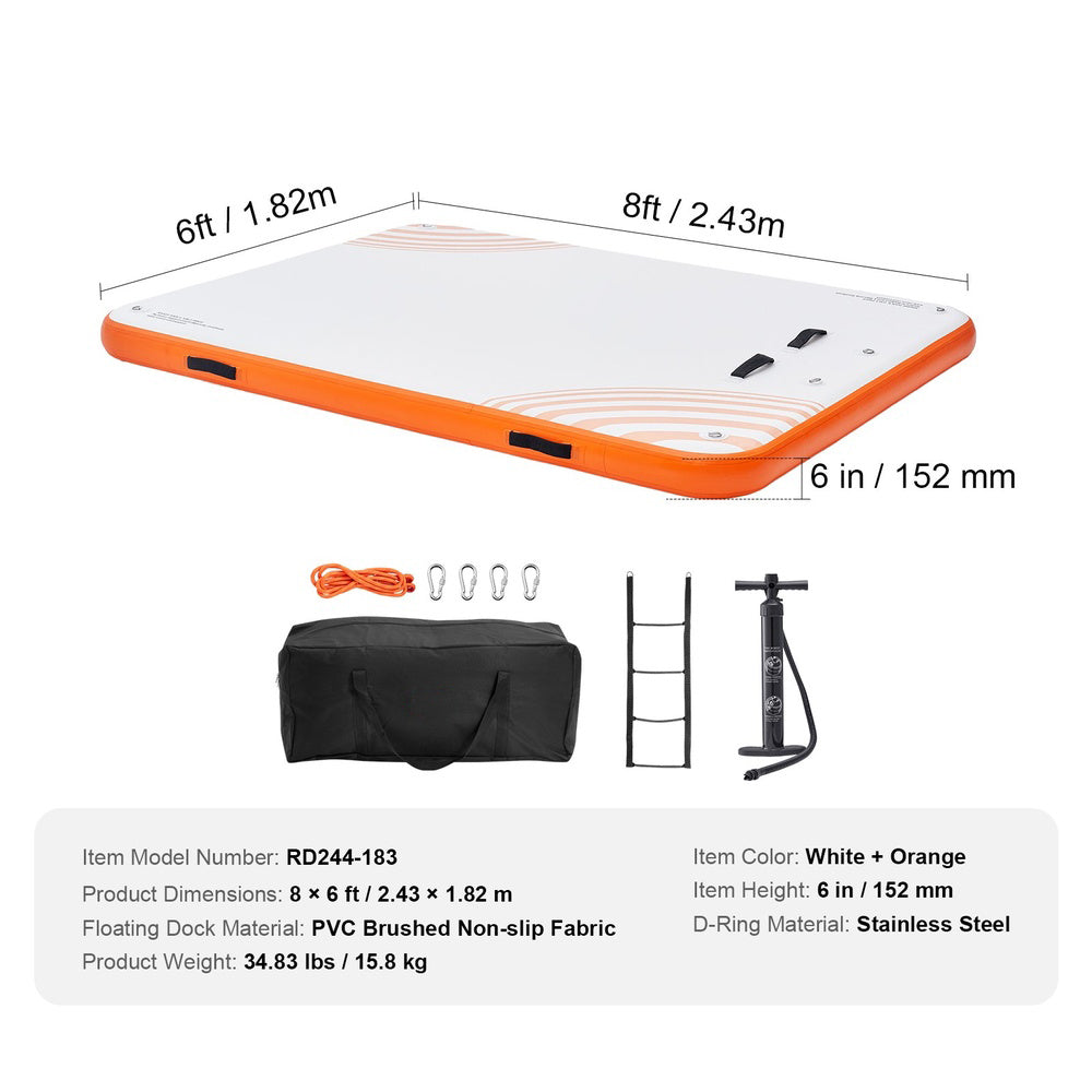 Inflatable Floating Dock 8 x 6 ft Non-Slip PVC Detachable Ladder D-Rings 6 in Thick Pool Ocean Beach Raft