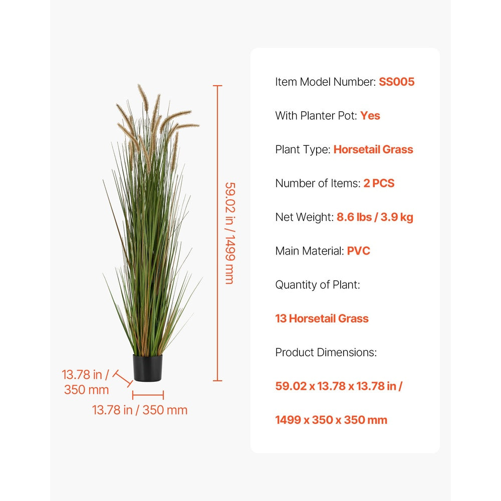 Artificial Horsetail Reed Grass 2-Pack 59 in Tall Faux Plant in Pot PVC Indoor Outdoor Floor Decor