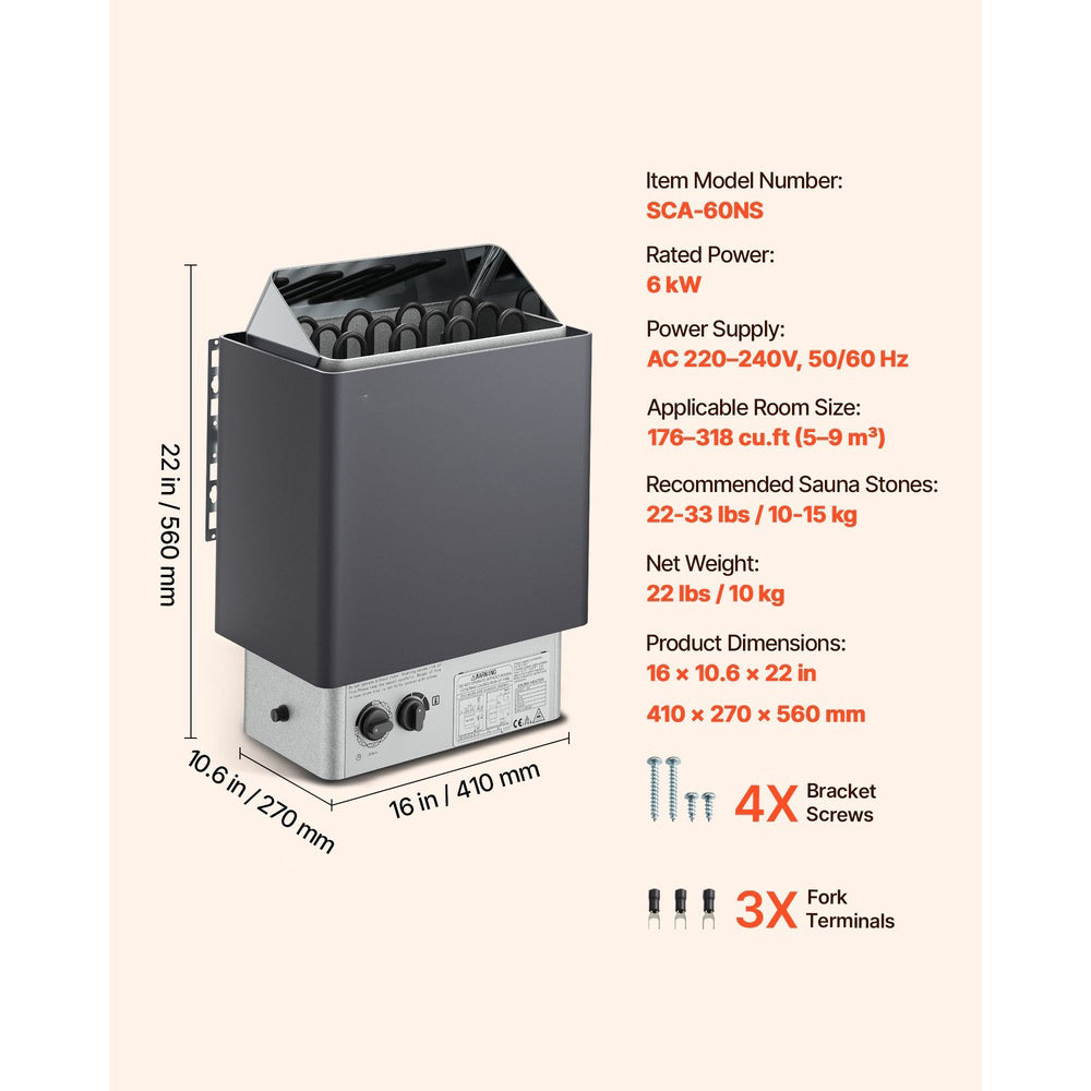 Sauna Heater 6KW 220V Electric Sauna Stove Built-in Controls 3h Timer Adjustable Temp 176-318 cu.ft Home