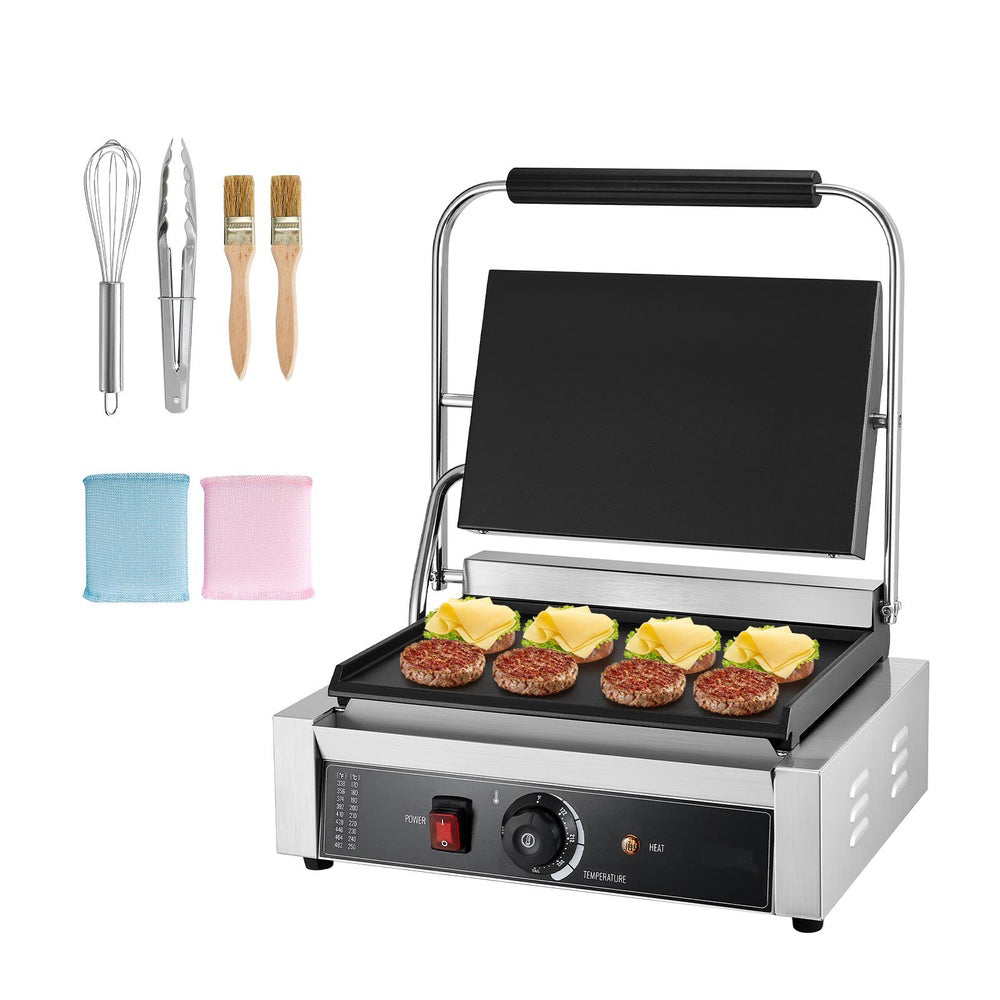Commercial Panini Grill 1800W with Adjustable Temperature and Flat Enamel Plate