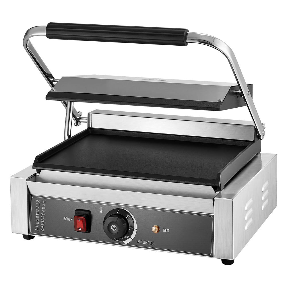 Commercial Panini Grill 1800W with Adjustable Temperature and Flat Enamel Plate