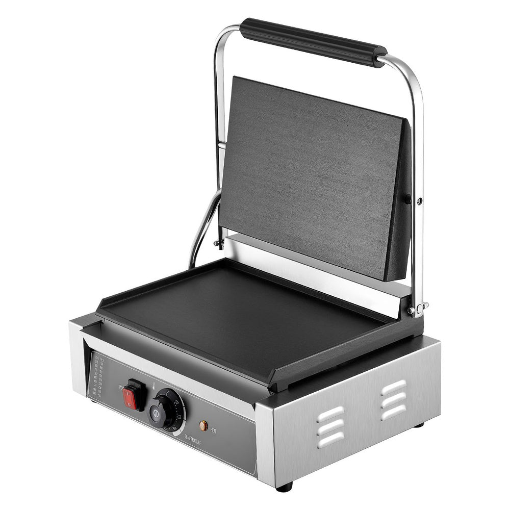 Commercial Panini Grill 1800W with Adjustable Temperature and Flat Enamel Plate
