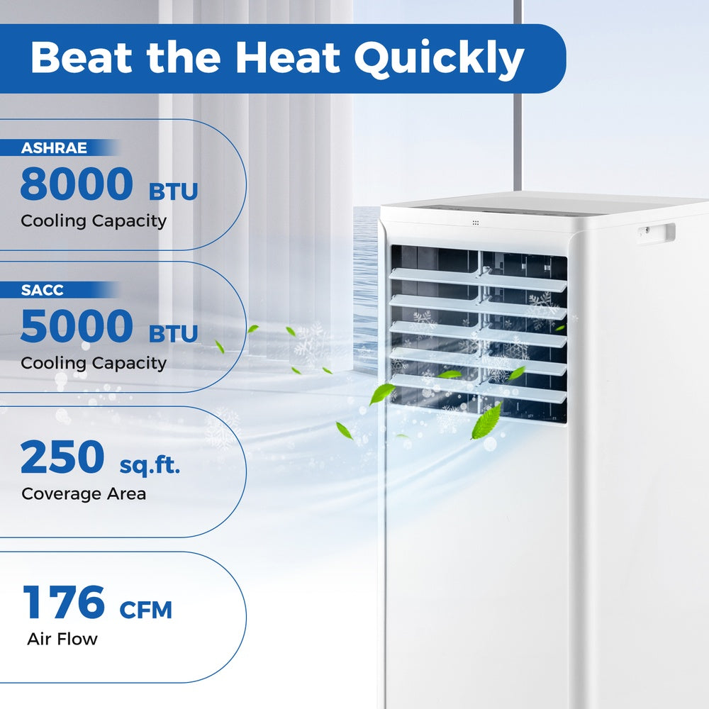 8000 BTU Portable Air Conditioner, 4-in-1 Cool/Dehumidify/Fan/Sleep Up to 250 Sq Ft, LED Touch Panel  Remote, 24h
