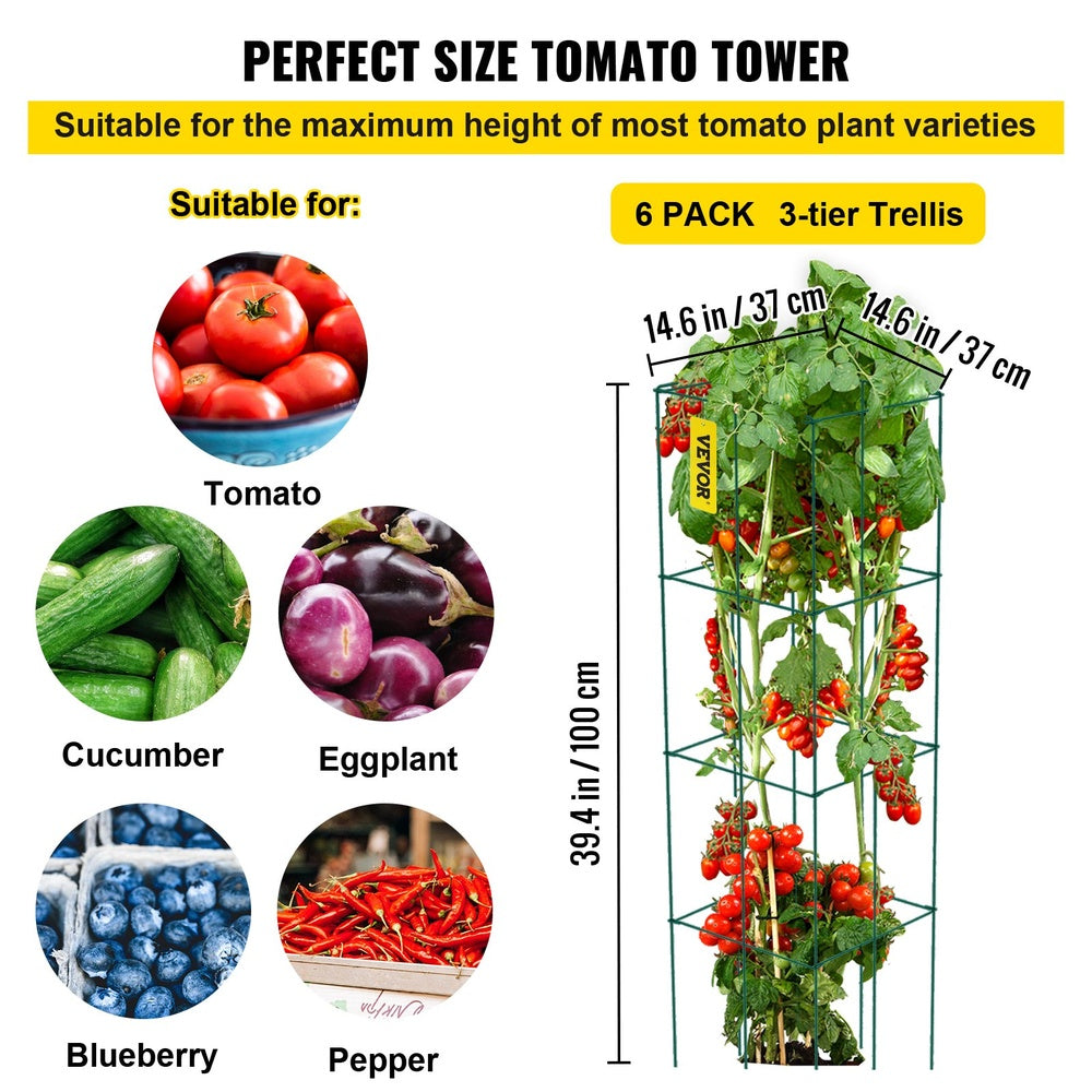 Tomato Cages 6-Pack 14.6 x 14.6 x 39.4 in Square Foldable PVC-Coated Steel Plant Support Trellis Green