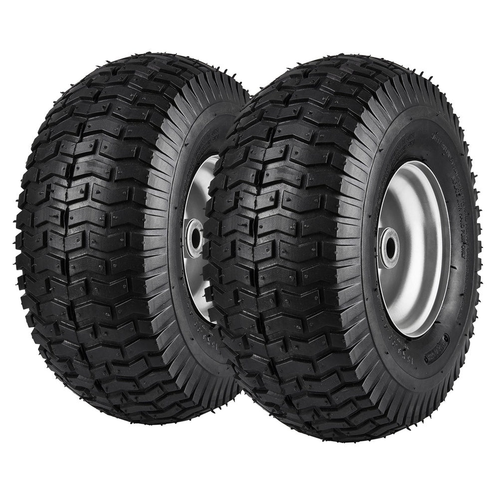 Lawn Mower Tires 15x6-6 in 2-Pack Turf Pneumatic 3 in Centered Hub 3/4 in Bushing 16 Adapters 400 lb/Wheel