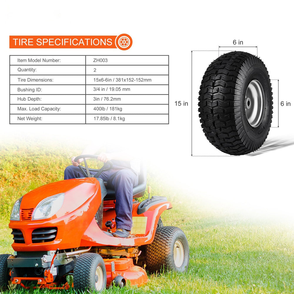 Lawn Mower Tires 15x6-6 in 2-Pack Turf Pneumatic 3 in Centered Hub 3/4 in Bushing 16 Adapters 400 lb/Wheel