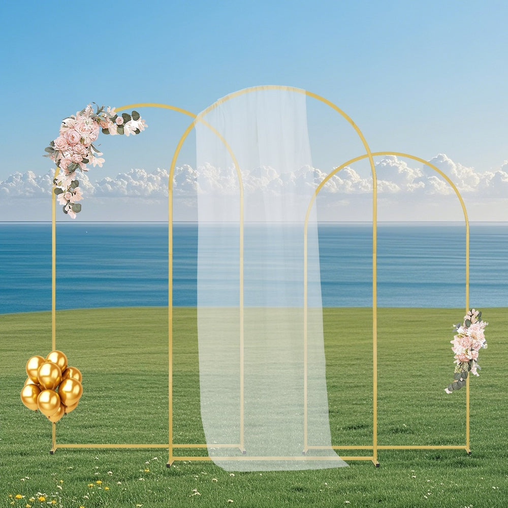 Wedding Arch Stand Set of 3 Gold Metal 8 x 4.6 ft + 7.2 x 4 ft + 6.6 x 3.3 ft Easy Assembly Birthday Holiday