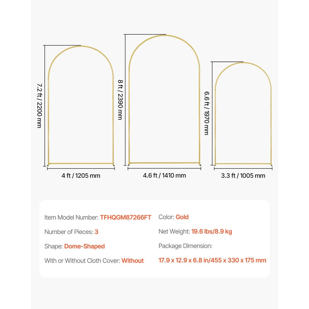 Wedding Arch Stand Set of 3 Gold Metal 8 x 4.6 ft + 7.2 x 4 ft + 6.6 x 3.3 ft Easy Assembly Birthday Holiday