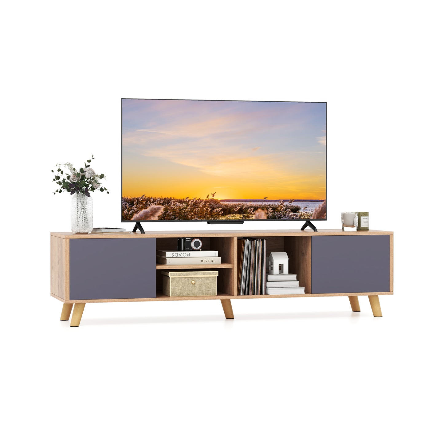 TV Stand Cabinet for TVs up to 65 in. with 2 Side Cabinets Open Shelf Cable Holes 5 Solid Legs 4 in. Clearance