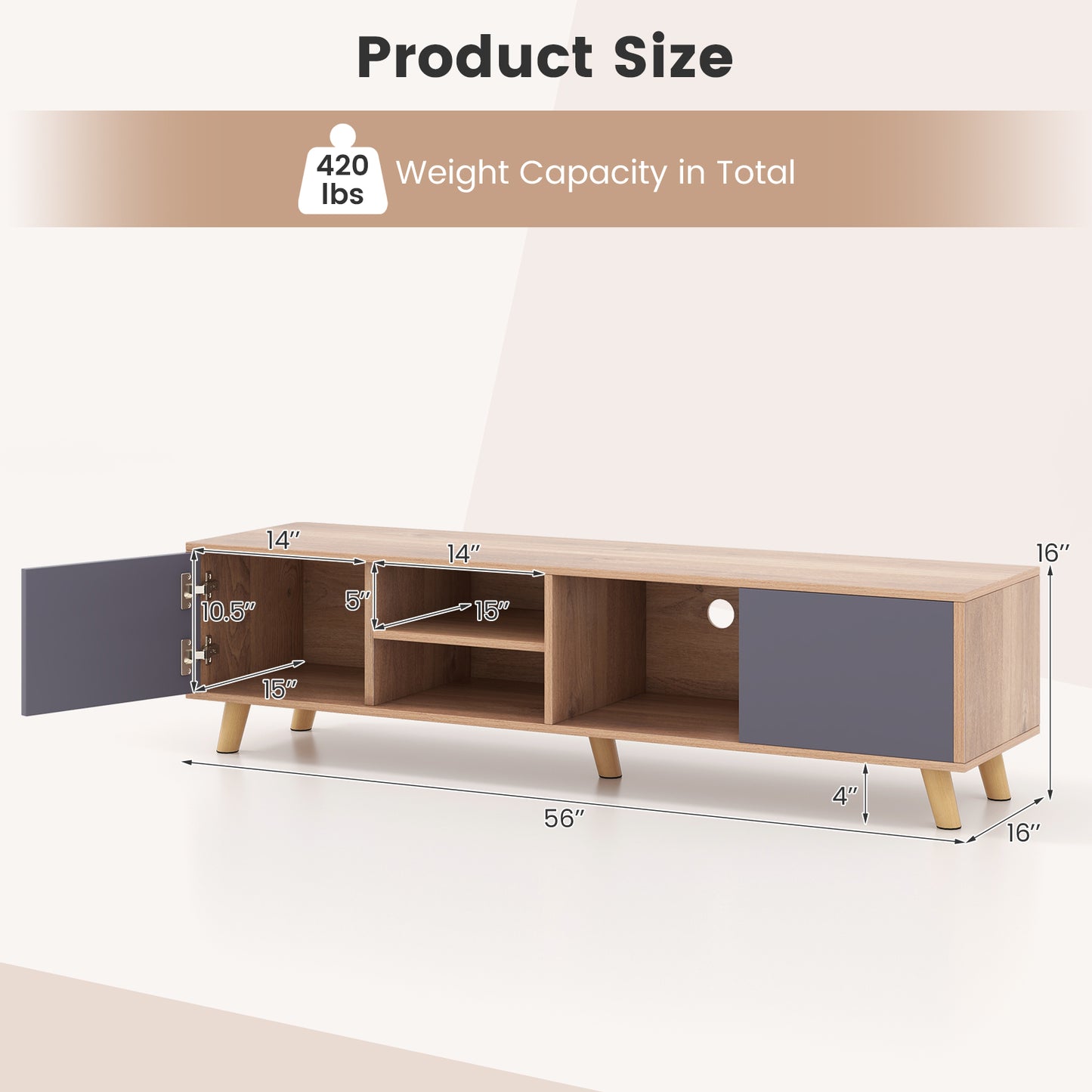 TV Stand Cabinet for TVs up to 65 in. with 2 Side Cabinets Open Shelf Cable Holes 5 Solid Legs 4 in. Clearance