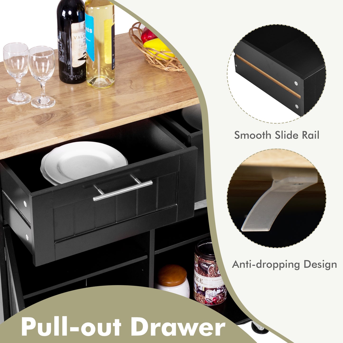 Heavy Duty Rolling Kitchen Cart with Towel Holder, Drawer and Storage Shelf, Black