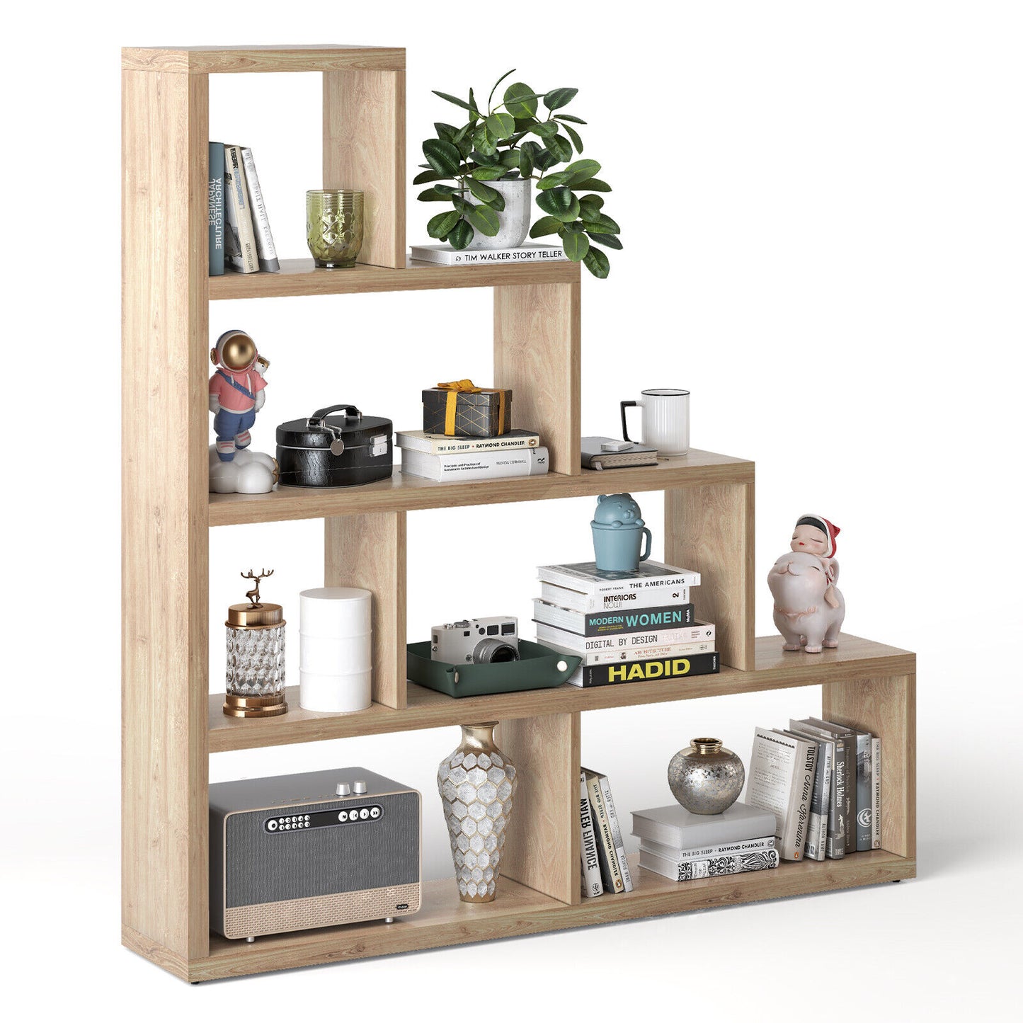 4-Tier Stair Bookcase with 6 Cubes Open Display Shelves for Storage, Natural Finish