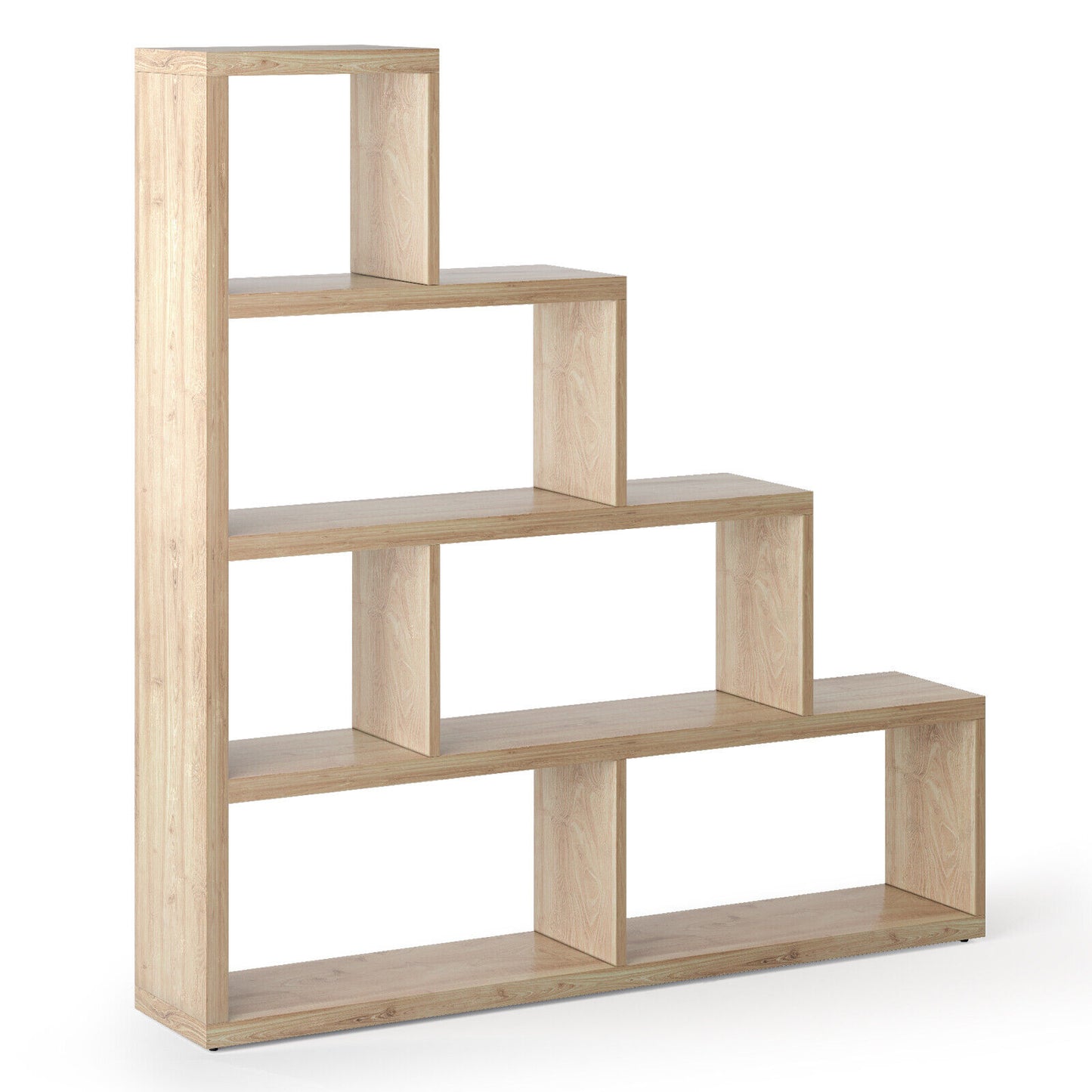 4-Tier Stair Bookcase with 6 Cubes Open Display Shelves for Storage, Natural Finish