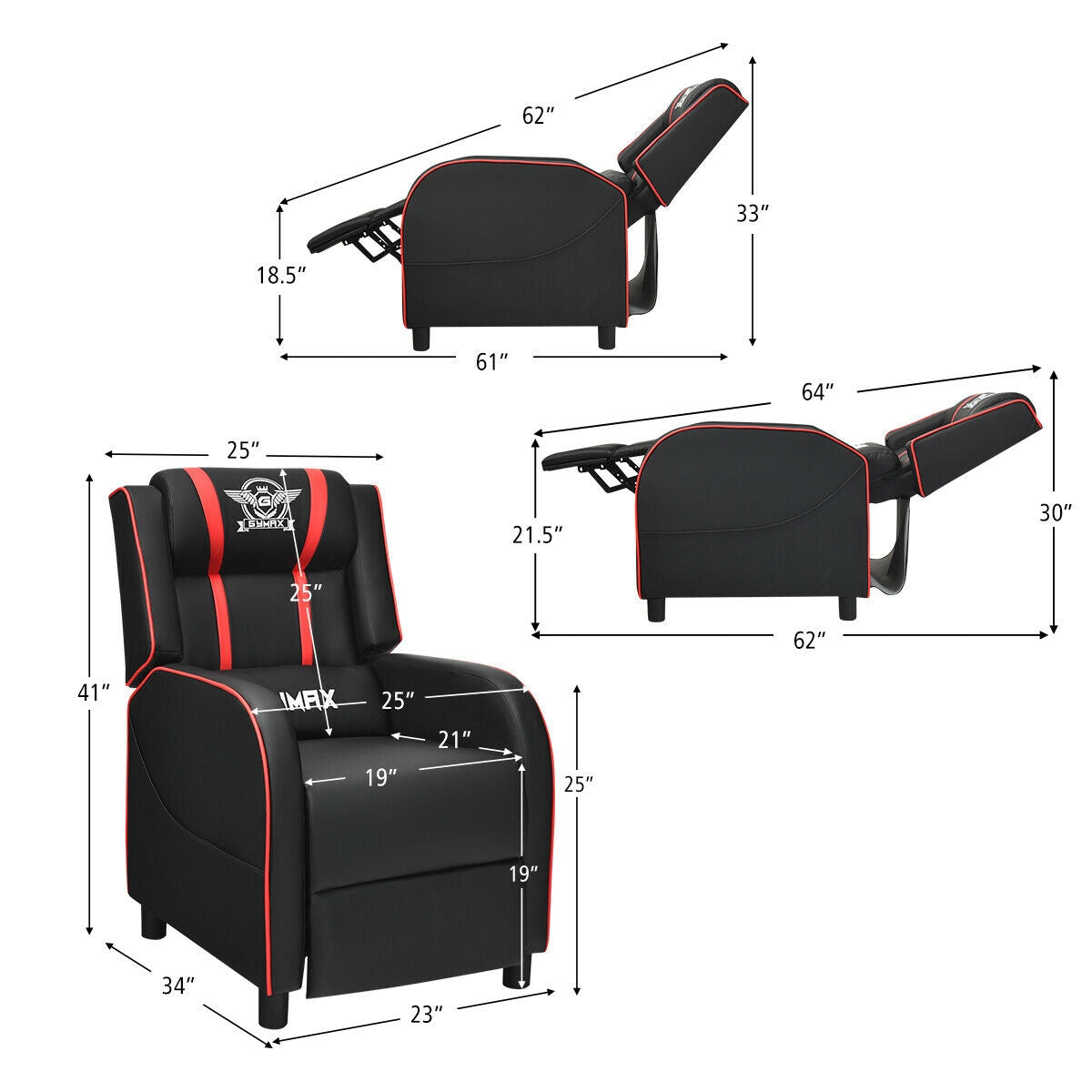 Massage Gaming Recliner Chair PU Leather 90 to 160 Reclining 8 Massage Modes 330 lb. Footrest Side Pockets