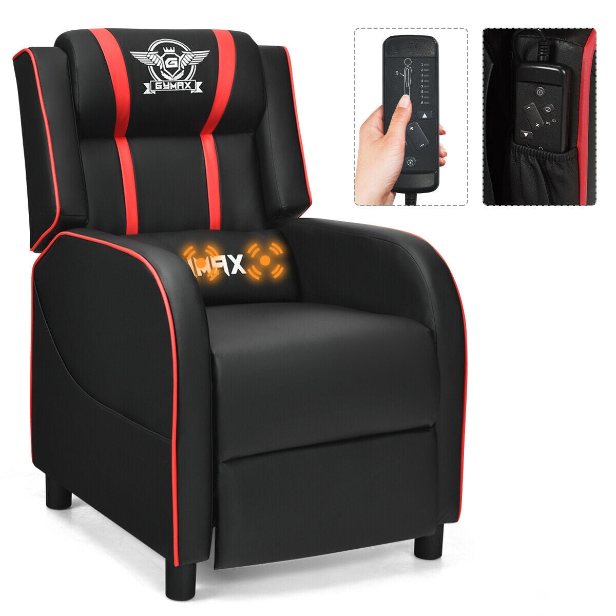 Massage Gaming Recliner Chair PU Leather 90 to 160 Reclining 8 Massage Modes 330 lb. Footrest Side Pockets