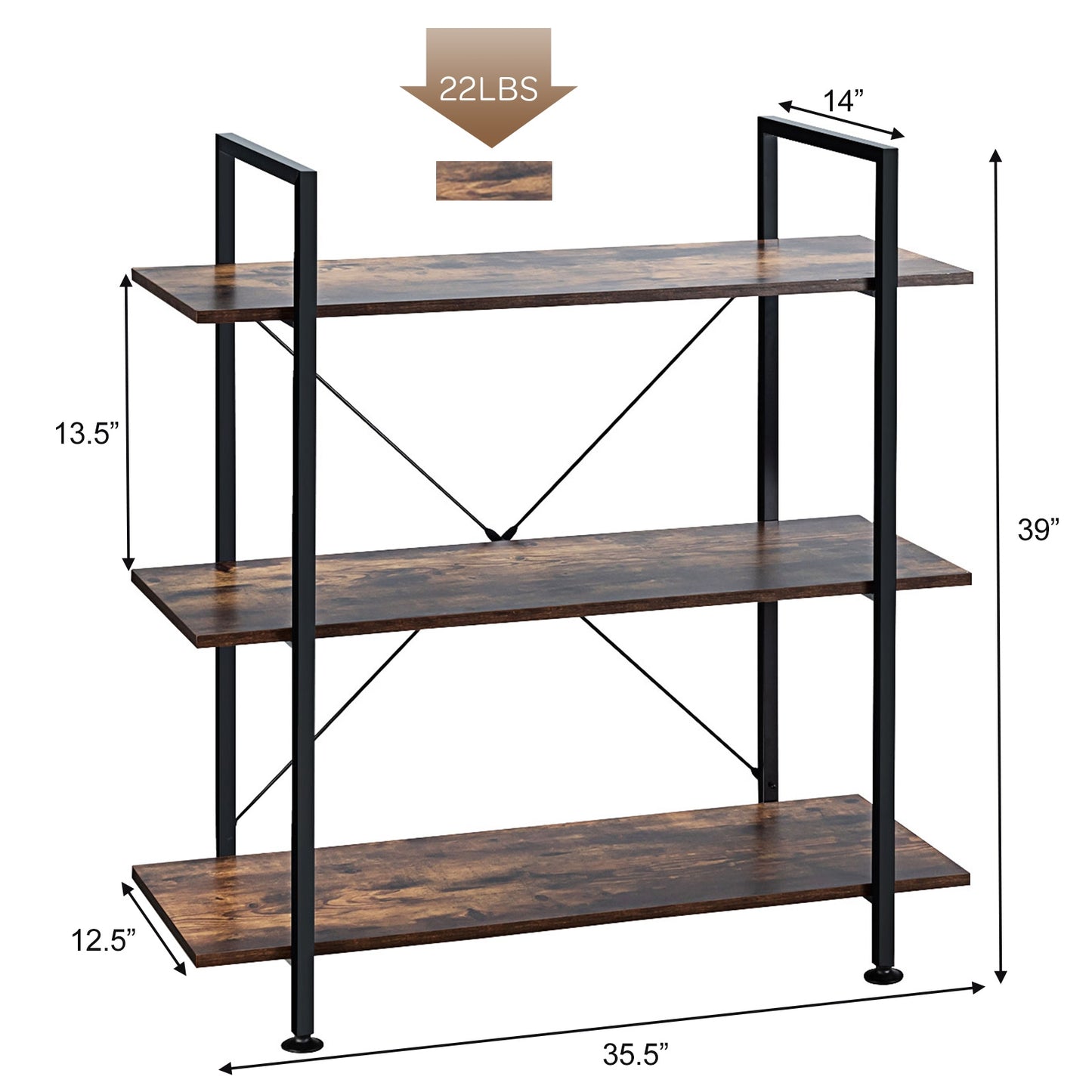 Industrial Freestanding Bookcase with Metal Frame and Open Shelves for Home Office, 3-Tier