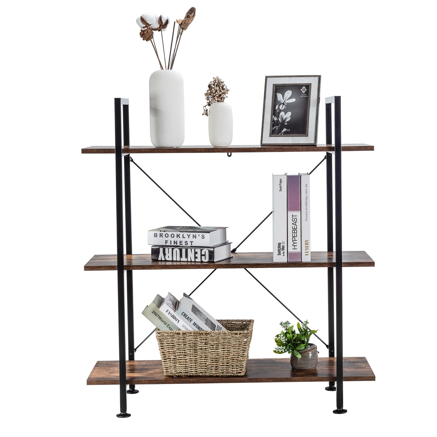 Industrial Freestanding Bookcase with Metal Frame and Open Shelves for Home Office, 3-Tier