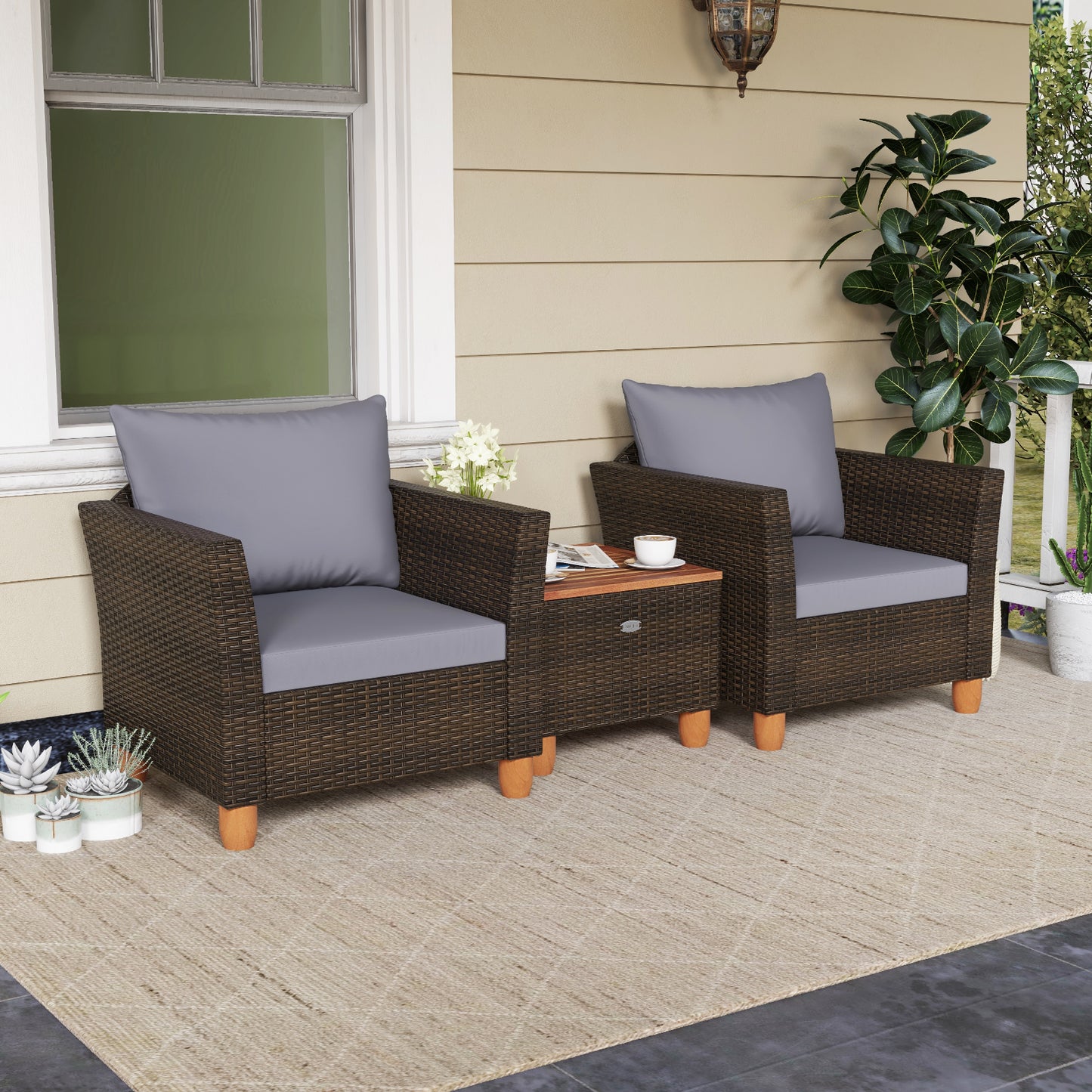3 Piece Acacia Wood Patio Seating Set with Cushions and Storage