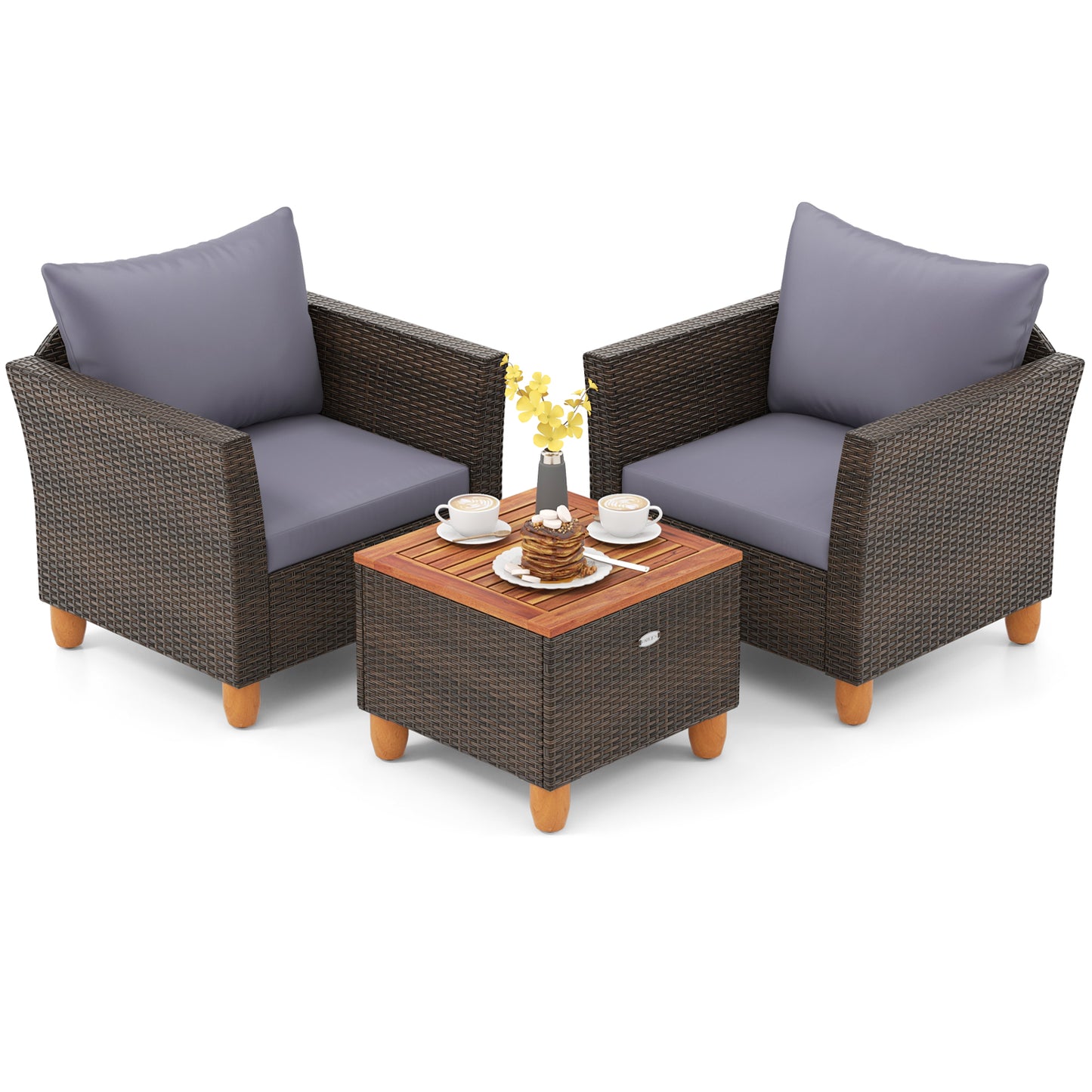 3 Piece Acacia Wood Patio Seating Set with Cushions and Storage