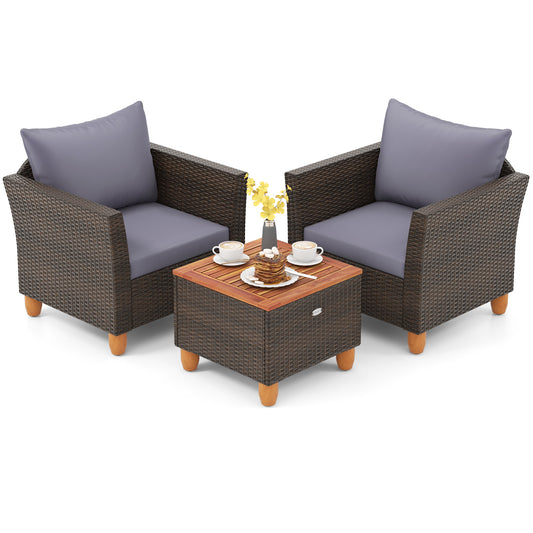 3 Piece Acacia Wood Patio Seating Set with Cushions and Storage